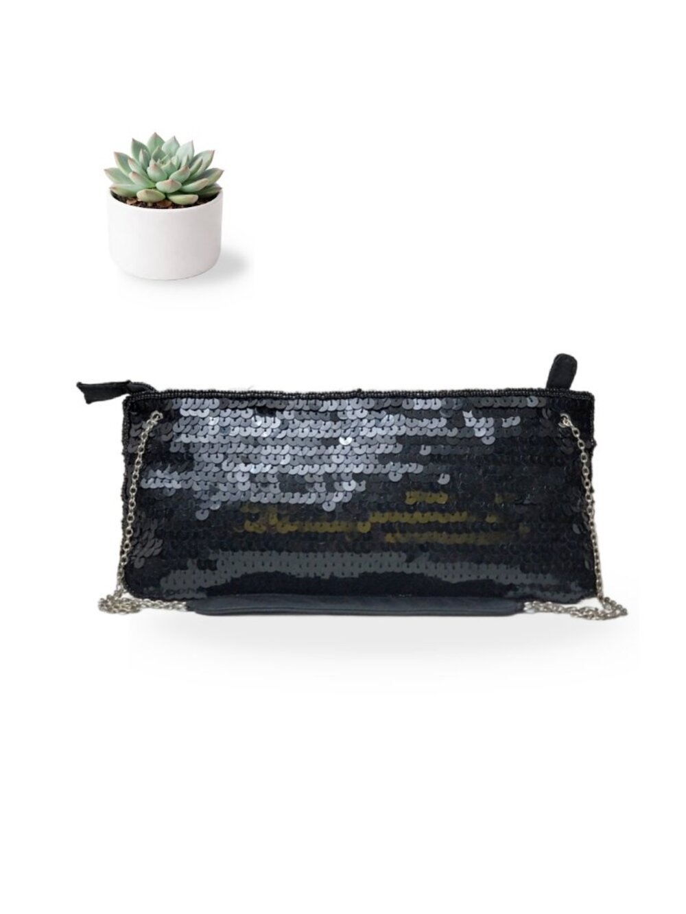 New York & Company Black Sequin Clutch Evening Bag Chain Strap Shoulder Purse